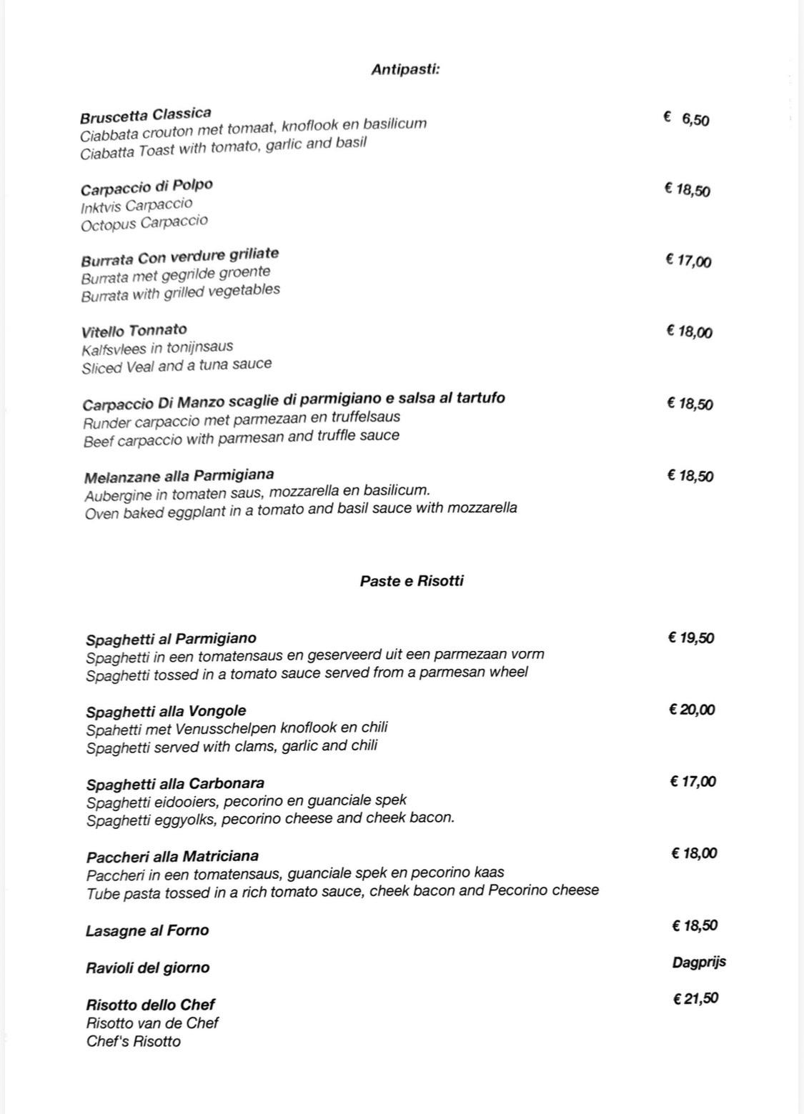 Menu Kaai 13 Den Haag Authentiek Italiaans diner